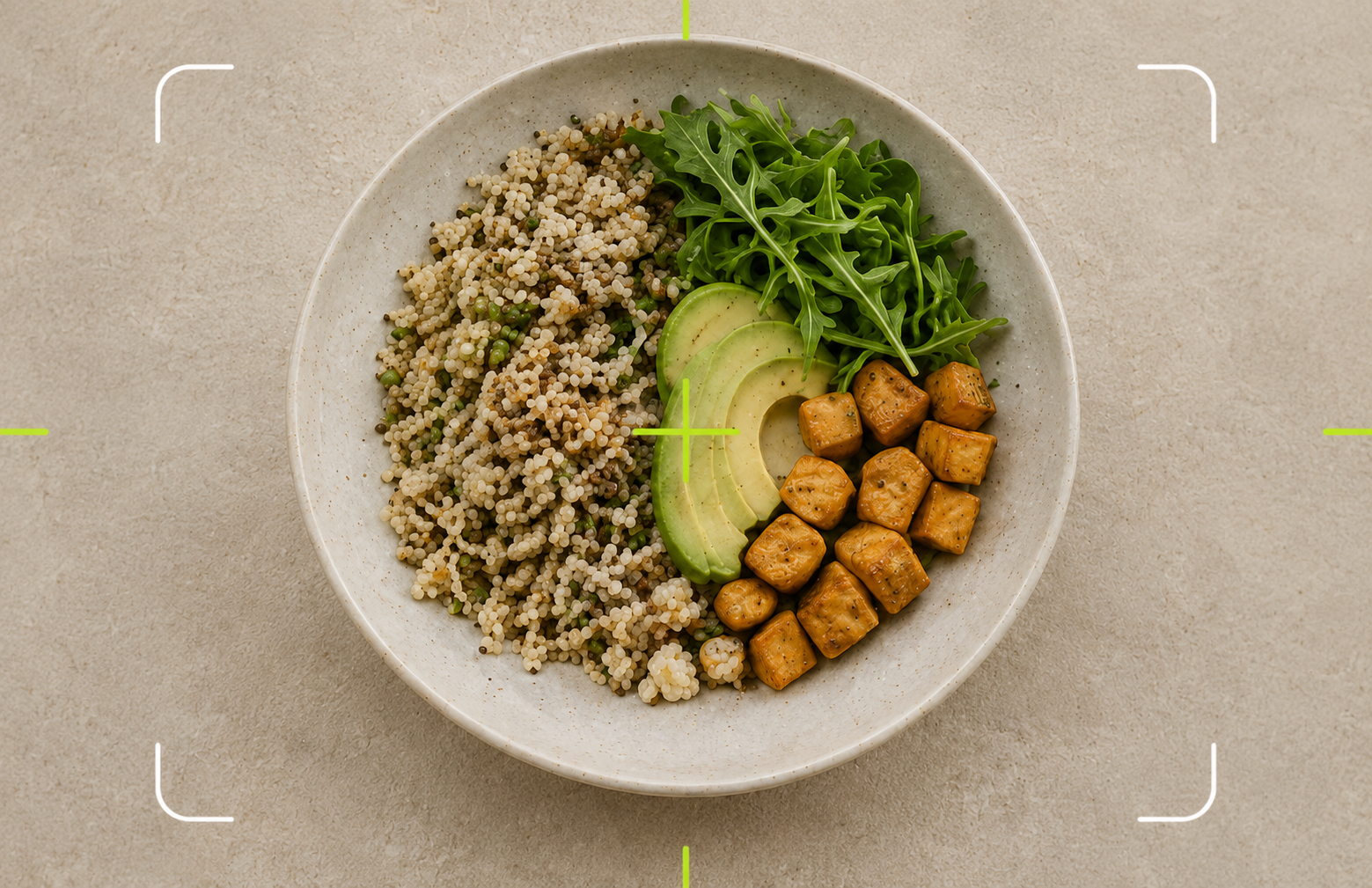 A grain bowl with avocado, arugula and tofu being scanned by GLIP