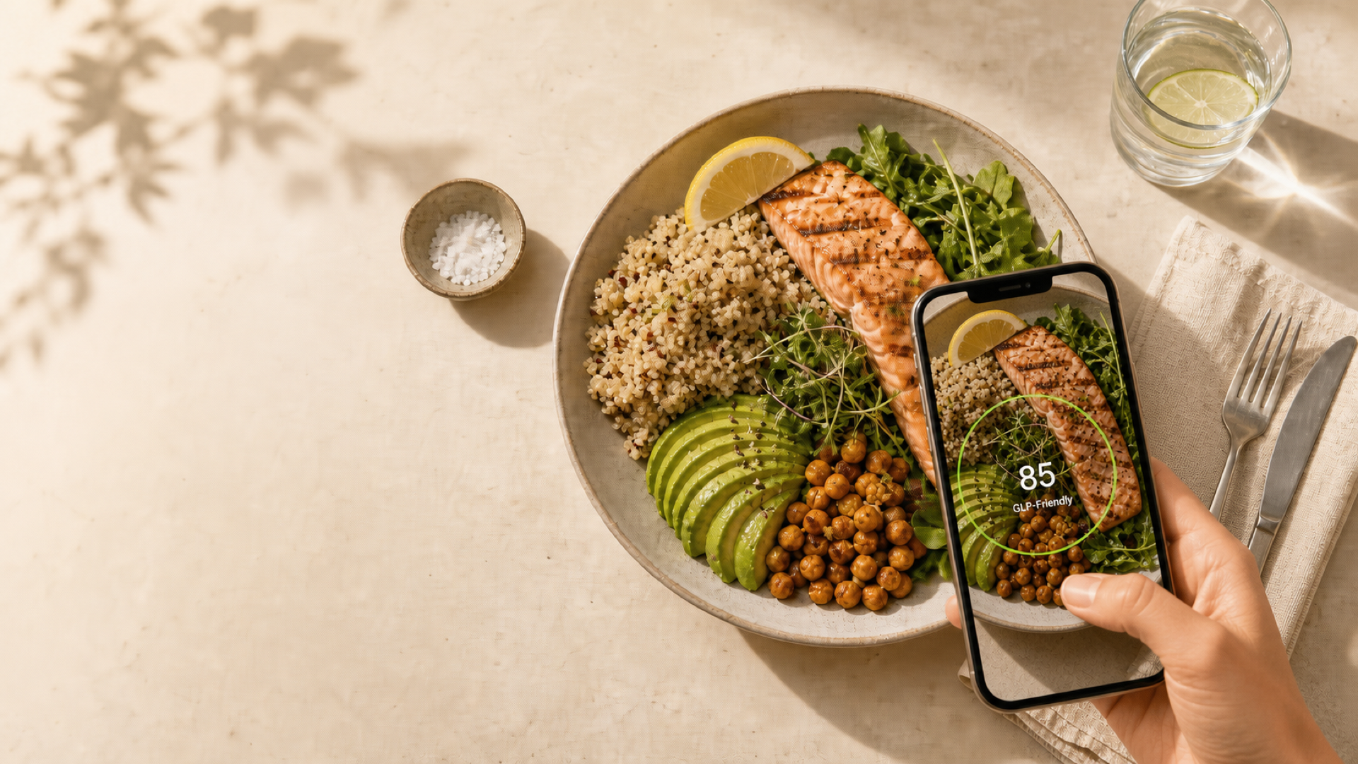 A hand holding a phone scanning a salmon grain bowl, showing a GLIP fit score of 85